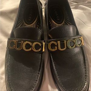 Gucci gold logo loafers